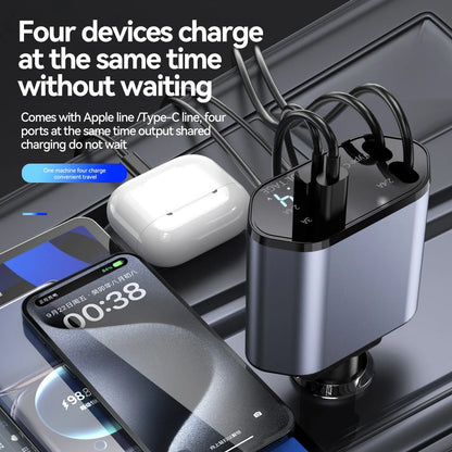 4-in-1 Retractable Car Charger – 120W Fast Charging with Dual USB Ports