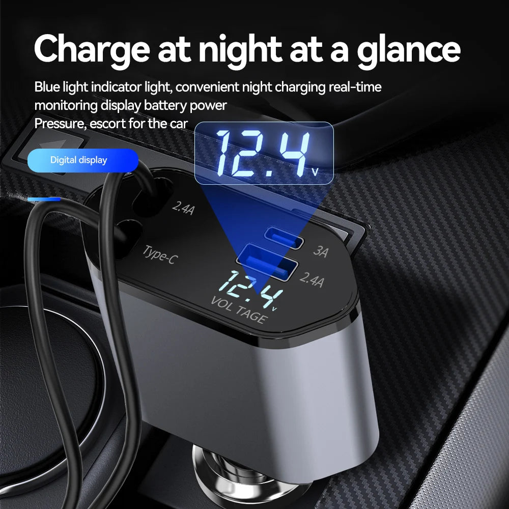 4-in-1 Retractable Car Charger – 120W Fast Charging with Dual USB Ports