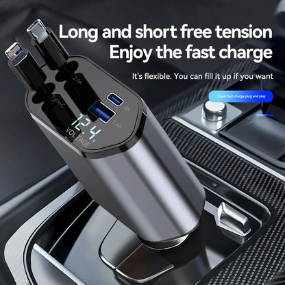 4-in-1 Retractable Car Charger – 120W Fast Charging with Dual USB Ports