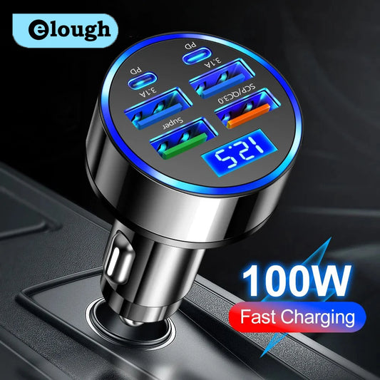 100W 6-Port Car Charger – Fast USB Type-C, PD & QC3.0 for iPhone, Samsung, Huawei