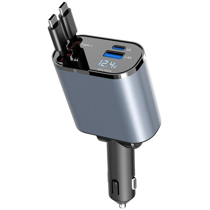 4-in-1 Retractable Car Charger – 120W Fast Charging with Dual USB Ports