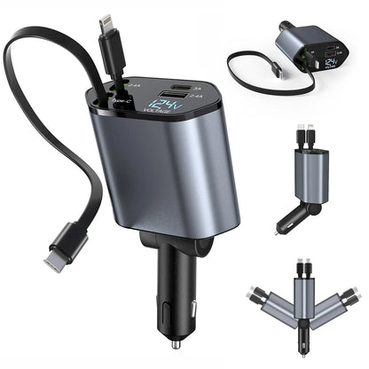 4-in-1 Retractable Car Charger – 120W Fast Charging with Dual USB Ports